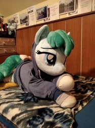Size: 3016x4032 | Tagged: safe, artist:epicrainbowcrafts, spring melody, sprinkle medley, pegasus, pony, bed, bedroom eyes, blanket, bow, clothes, hoodie, irl, life size, lying down, photo, plushie, prone, socks, solo, striped socks, tail, tail bow