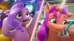 Size: 2388x1337 | Tagged: safe, screencap, pipp petals, sunny starscout, alicorn, pegasus, pony, ali-conned, g5, my little pony: a new generation, my little pony: make your mark, my little pony: make your mark chapter 2, spoiler:g5, spoiler:my little pony: make your mark chapter 2, spoiler:mymc02e04, calling, cellphone, disco ball, duo, female, glowing, glowing horn, horn, mare, phone, phone call, race swap, smartphone, split screen, sunnycorn, two sides