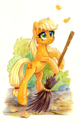 Size: 795x1223 | Tagged: safe, artist:maytee, applejack, earth pony, pony, g4, autumn, bipedal, broom, colored pencil drawing, cute, female, hatless, hoof hold, jackabetes, leaves, mare, missing accessory, solo, traditional art