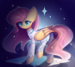 Size: 2300x2050 | Tagged: safe, artist:miryelis, fluttershy, pegasus, pony, g4, green isn't your color, clothes, full body, high res, long hair, looking at you, raised hoof, smiling, smiling at you, solo, sparkles, suit, wings