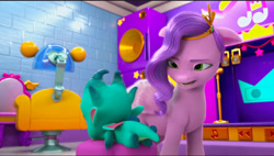 Size: 2388x1354 | Tagged: safe, screencap, pipp petals, sparky sparkeroni, dragon, pegasus, pony, ali-conned, g5, my little pony: make your mark, my little pony: make your mark chapter 2, spoiler:g5, auntie pipp, baby, baby dragon, chair, female, hair steamer, male, mare, pipp and sparky, speaker, stage