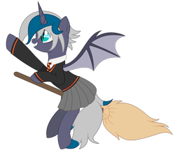 Size: 2893x2572 | Tagged: safe, artist:cindystarlight, oc, oc only, oc:elizabat stormfeather, alicorn, bat pony, bat pony alicorn, pony, alicorn oc, bat pony oc, bat wings, broom, clothes, commission, cosplay, costume, crossover, cute, female, flying, flying broomstick, grin, gryffindor, harry potter (series), high res, horn, mare, necktie, parody, raised hoof, school uniform, shirt, simple background, skirt, smiling, solo, sweater, transparent background, wings, ych result