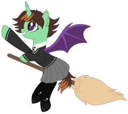 Size: 2819x2517 | Tagged: safe, artist:cindystarlight, oc, oc only, oc:mareula snyde, alicorn, bat pony, bat pony alicorn, pony, alicorn oc, bat pony oc, bat wings, boots, broom, clothes, commission, cosplay, costume, crossover, cute, ear piercing, earring, fangs, female, flying, flying broomstick, grin, harry potter (series), high res, horn, jewelry, mare, necktie, parody, piercing, raised hoof, ripped stockings, school uniform, shirt, shoes, simple background, skirt, slytherin, smiling, socks, solo, stockings, sweater, thigh highs, torn clothes, transparent background, wings, ych result