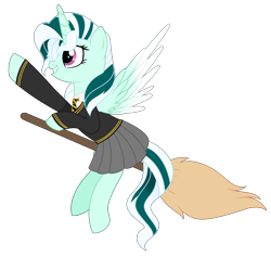 Size: 2887x2738 | Tagged: safe, artist:cindystarlight, oc, oc only, oc:arcana formula, alicorn, pony, alicorn oc, broom, clothes, commission, cosplay, costume, crossover, cute, female, flying, flying broomstick, grin, harry potter (series), high res, horn, hufflepuff, mare, necktie, parody, raised hoof, school uniform, shirt, simple background, skirt, smiling, solo, sweater, transparent background, wings, ych result