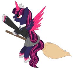 Size: 2895x2738 | Tagged: safe, artist:cindystarlight, oc, oc only, oc:princess ebony moon, alicorn, pony, alicorn oc, broom, clothes, commission, cosplay, costume, crossover, crown, cute, female, flying, flying broomstick, grin, harry potter (series), high res, horn, jewelry, mare, markings, necktie, parody, raised hoof, ravenclaw, regalia, school uniform, shirt, simple background, skirt, smiling, solo, sweater, transparent background, wings, ych result