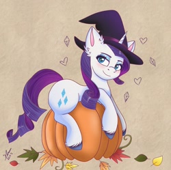 Size: 2169x2160 | Tagged: safe, artist:galaxy swirl, rarity, pony, unicorn, g4, cute, ear fluff, female, halloween, hat, high res, holiday, horn, leaves, mare, pumpkin, raribetes, simple background, smiling, solo, unshorn fetlocks, witch hat