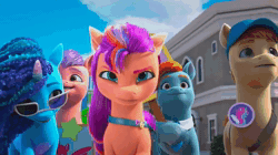 Size: 1280x716 | Tagged: safe, screencap, misty brightdawn, strawberry spark, sunny starscout, toots, earth pony, pony, unicorn, ali-conned, g5, my little pony: make your mark, my little pony: make your mark chapter 2, spoiler:g5, spoiler:my little pony: make your mark chapter 2, spoiler:mymc02e04, almost caught, animated, bag, crowd, determined, female, fluttershy's cutie mark, freudian slip, hat, heart, male, mare, panicking, rainbow dash's cutie mark, saddle bag, sign, sound, stallion, sunglasses, twilight sparkle's cutie mark, unnamed character, unnamed pony, unshorn fetlocks, webm