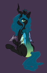 Size: 379x580 | Tagged: safe, artist:fandrawsart, queen chrysalis, changeling, changeling queen, pony, g4, colored, cute, cute little fangs, cutealis, fangs, female, full body, gradient, jewelry, lidded eyes, looking at you, looking back, lowres, quick draw, rear view, regalia, simple background, sitting, sitting pretty, snaggletooth, solo, turned away