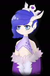 Size: 1080x1661 | Tagged: safe, artist:thefrozendiamond, oc, oc only, oc:crystal clarity, dracony, human, hybrid, kilalaverse, :3, bikini, black background, breasts, clothes, crown, ear piercing, earring, elf ears, female, freckles, horn, horned humanization, horns, humanized, humanized oc, interspecies offspring, jewelry, midriff, offspring, parent:rarity, parent:spike, parents:sparity, piercing, regalia, royal cape, shoulderless, simple background, solo, swimsuit, underboob