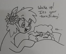 Size: 2236x1852 | Tagged: safe, artist:pony quarantine, oc, oc only, oc:friday, oc:thursday, earth pony, pony, bed, blanket, dialogue, duo, female, flower, flower in hair, grayscale, in bed, long neck, mare, monochrome, necc, sunflower, traditional art, weekday ponies, wingding eyes