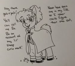 Size: 1736x1542 | Tagged: safe, artist:pony quarantine, oc, oc only, oc:bo, earth pony, pony, bolo tie, cape, cloak, clothes, cute, dialogue, ear piercing, female, freckles, grayscale, hoof shoes, mare, monochrome, piercing, ponytail, solo, talking to viewer, traditional art