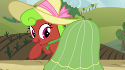 Size: 1920x1080 | Tagged: safe, screencap, maple apple, earth pony, pony, apple family reunion, g4, 1080p, apple family member, butt, clothes, female, hat, looking at you, mare, plot, raised hoof, solo