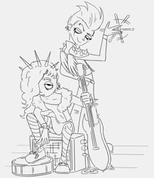 Size: 1058x1221 | Tagged: safe, artist:beesinmyshoes, artist:rachel colucci, misty brightdawn, zipp storm, human, g5, amplifier, bass guitar, clothes, cornrows, drumsticks, duo, ear piercing, earring, eyebrow piercing, female, hair over one eye, humanized, jacket, jewelry, leggings, lidded eyes, lineart, looking back, monochrome, musical instrument, official fan art, pants, piercing, punk, shoes, skirt, spiked headband, spiked wristband, spinning, winged humanization, wings, wristband
