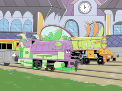Size: 3600x2700 | Tagged: safe, artist:heart-of-a-dragoness, spike, thorax, changedling, changeling, dragon, g4, canterlot, commission, high res, inanimate tf, king thorax, story included, train, train station, trainified, transformation