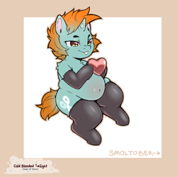 Size: 1200x1200 | Tagged: safe, artist:cold-blooded-twilight, snips, pony, unicorn, g4, belly blush, blushing, buck tooth, chubby, clothes, colt, crossdressing, foal, heart, leggings, male, smiling, solo, wide hips