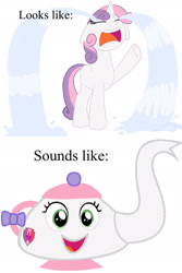 Size: 1290x1935 | Tagged: safe, artist:applejack-lover-fan, artist:pagiepoppie12345, sweetie belle, object pony, original species, pony, unicorn, g4, one bad apple, bow, comparison, crying, eyes closed, female, filly, foal, horn, inanimate tf, objectification, ocular gushers, ponified, simple background, smiling, solo, stars, sweetie pot, teapot, text, the cmc's cutie marks, transformation, white background