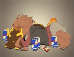 Size: 2600x2000 | Tagged: safe, artist:etoz, oc, oc:etoz, pony, unicorn, cigarette, clothes, colored sketch, energy drink, female, genshin impact, high res, hoodie, horn, lying, lying down, mare, merchandise, on side, plushie, red bull, sad, sketch, sleeping, solo
