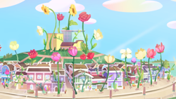 Size: 2880x1620 | Tagged: safe, screencap, g5, my little pony: tell your tale, neighfever, spoiler:g5, spoiler:my little pony: tell your tale, spoiler:tyts01e16, canterlogic building, flower, giant flower, maretime bay, no pony, plant, rose, scenery, town
