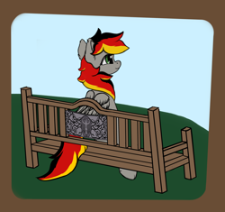 Size: 3528x3312 | Tagged: safe, artist:aquamuro, oc, oc only, oc:anja snow, pegasus, pony, bench, colored sketch, cute, female, fluffy, german, green eyes, happy, mare, multicolored hair, pegasus oc, simple background, sitting, sketch, smiling, solo, wings