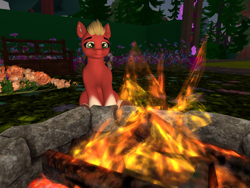 Size: 1024x768 | Tagged: safe, sprout cloverleaf, earth pony, pony, g5, 3d, campfire, male, second life, sitting, solo, stallion