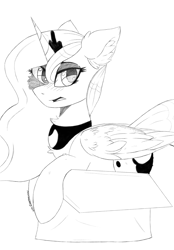 Size: 1640x2360 | Tagged: safe, artist:dicemarensfw, princess luna, alicorn, pony, adorable face, armor, behaving like a cat, blushing, box, chest fluff, crown, cute, ear fluff, ethereal mane, female, folded wings, if i fits i sits, in a box, jewelry, looking at you, lunabetes, mare, open mouth, pony in a box, regalia, sketch, wings