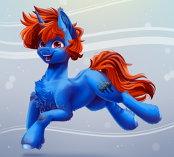 Size: 2000x1800 | Tagged: safe, artist:querisy, oc, oc only, oc:whirling flow, pony, unicorn, chest fluff, looking at you, male, prancing, smiling, smiling at you, solo, stallion, two toned mane, unshorn fetlocks