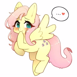 Size: 2500x2500 | Tagged: safe, artist:jupiter, fluttershy, pegasus, pony, g4, ..., blushing, cheek fluff, chest fluff, cute, daaaaaaaaaaaw, ear fluff, eye clipping through hair, eyebrows, eyebrows visible through hair, female, floating, flying, full body, heart, high res, hoof over mouth, looking at you, mare, shyabetes, simple background, smiling, smiling at you, solo, speech bubble, spoken heart, spread wings, white background, wings