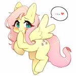 Size: 2500x2500 | Tagged: safe, artist:jupiter, fluttershy, pegasus, pony, ..., blushing, cheek fluff, chest fluff, cute, ear fluff, eye clipping through hair, eyebrows, eyebrows visible through hair, female, floating, full body, heart, hoof over mouth, looking at you, mare, shyabetes, simple background, solo, speech bubble, spread wings, white background, wings