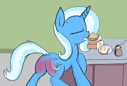 Size: 564x382 | Tagged: artist needed, safe, trixie, pony, unicorn, g4, bread, butt, female, food, mare, mouth hold, plate, plot, reddened butt, sandwich, solo, spanked, table