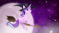 Size: 640x360 | Tagged: safe, artist:rumista, starlight glimmer, pony, unicorn, g4, animated, broom, female, flying, flying broomstick, gif, halloween, hat, holiday, mare, moon, riding, solo, stars, witch, witch hat, ych example, your character here
