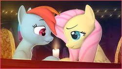 Size: 3840x2160 | Tagged: safe, artist:frostylocker, fluttershy, rainbow dash, pegasus, pony, g4, 3d, 4k, candle, candlelight, female, high res, lesbian, looking at each other, looking at someone, mare, romantic, ship:flutterdash, shipping, source filmmaker