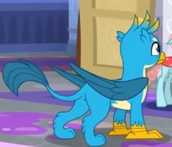 Size: 387x332 | Tagged: safe, screencap, gallus, ocellus, changedling, changeling, griffon, g4, the hearth's warming club, butt, cropped, gallass, male, offscreen character, plot, solo focus