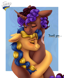 Size: 2480x3000 | Tagged: safe, artist:hajster, oc, oc only, oc:ukraine, pegasus, pony, unicorn, braided ponytail, coat markings, eyes closed, female, floppy ears, high res, horn, hug, mare, nation ponies, thank you, ukraine, unicorn oc