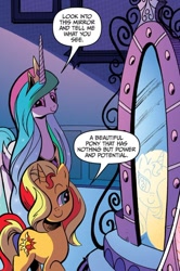 Size: 750x1127 | Tagged: safe, artist:andypriceart, idw, princess celestia, sunset shimmer, alicorn, pony, unicorn, g4, spoiler:comicannual2013, arrogant, dialogue, duo, duo female, female, looking at self, mare, mirror, narcissism, reflection, sin of pride, smiling, speech bubble, vanity