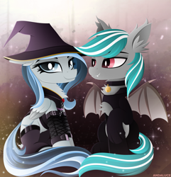 Size: 2607x2701 | Tagged: safe, artist:andaluce, oc, oc only, oc:haze northfleet, oc:malachite cluster, bat pony, pegasus, pony, mlp fim's twelfth anniversary, bat pony oc, bat wings, bell, bell collar, chest fluff, clothes, collar, costume, duo, duo male and female, ear fluff, eyebrows, fangs, female, folded wings, grin, halloween, halloween costume, hat, high res, holiday, lineless, looking at someone, looking at you, male, mare, pegasus oc, signature, sitting, smiling, smiling at you, socks, spread wings, stallion, wings, witch costume, witch hat
