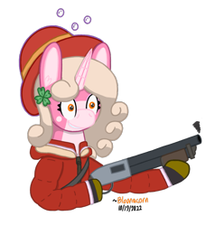 Size: 939x986 | Tagged: safe, artist:bloonacorn, oc, oc only, oc:bloona blazes, pony, unicorn, /mlp/ tf2 general, gun, horn, shotgun, simple background, soldier, soldier (tf2), solo, team fortress 2, transparent background, unicorn oc, weapon