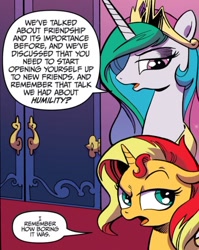 Size: 738x927 | Tagged: safe, artist:andy price, idw, princess celestia, sunset shimmer, alicorn, pony, unicorn, g4, spoiler:comic, spoiler:comicannual2013, annoyed, celestia is not amused, dialogue, duo, duo female, female, looking at someone, looking back, looking down, mare, open mouth, speech bubble, sunset shimmer is not amused, unamused