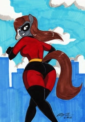 Size: 1992x2858 | Tagged: safe, artist:newyorkx3, oc, oc only, oc:casey, earth pony, anthro, anthro oc, ass, butt, city, clothes, cloud, costume, domino mask, earth pony oc, elastigirl, female, grin, helen parr, high res, looking at you, looking back, looking back at you, mask, mrs. incredible, rear view, running, signature, sky, smiling, smiling at you, solo, superhero costume, tail, tail hole, the incredibles, traditional art, wide hips