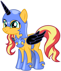 Size: 3868x4509 | Tagged: safe, artist:emeraldblast63, nightmare moon, sunset shimmer, pony, unicorn, g4, chestplate, cosplay, costume, cute, female, mare, nightmare moon armor, nightmare night costume, shimmerbetes, simple background, solo, transparent background