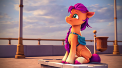Size: 3840x2160 | Tagged: safe, artist:psfmer, sunny starscout, earth pony, pony, g5, 3d, bag, button, cute, female, fluttershy's cutie mark, high res, mare, pin, rainbow dash's cutie mark, satchel, sitting, slender, smiling, solo, source filmmaker, sunnybetes, thin, twilight sparkle's cutie mark, unshorn fetlocks