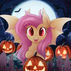 Size: 3000x3000 | Tagged: safe, artist:illusion, fluttershy, bat, bat pony, pony, g4, bat ponified, cute, female, flutterbat, full moon, halloween, high res, holiday, jack-o-lantern, looking at you, mare, moon, nightmare night, open mouth, open smile, pumpkin, race swap, shyabates, shyabetes, smiling, smiling at you, solo, spread wings, wings