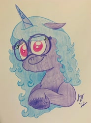 Size: 2917x3944 | Tagged: safe, artist:jesslmc16, izzy moonbow, pony, unicorn, g5, my little pony: make your mark, bust, chest fluff, colored, crossed arms, cute, drawing, ears, ears back, female, glasses, high res, izzybetes, looking at you, portrait, smiling, smiling at you, solo, traditional art, uni-cycling