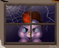 Size: 1000x825 | Tagged: safe, artist:binkyroom, pinkie pie, earth pony, pony, mlp fim's twelfth anniversary, g4, animal costume, chicken pie, chicken suit, clothes, costume, decoration, halloween, halloween costume, holiday, lightning, looking at you, lurking, solo, spider web, spooky, window