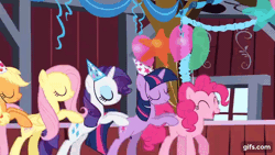 Size: 640x360 | Tagged: safe, screencap, applejack, fluttershy, pinkie pie, rarity, twilight sparkle, earth pony, pegasus, pony, unicorn, g4, party of one, season 1, animated, bipedal, butt touch, conga line, eyes closed, female, gif, gifs.com, hat, hoof on butt, mare, party hat, unicorn twilight