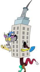 Size: 667x1205 | Tagged: safe, artist:dolphboi, discord, draconequus, g4, building, clothes, costume, discord being discord, empire state building, halloween, halloween 2022, halloween costume, looking at you, male, nightmare night, nightmare night costume, raised eyebrow, simple background, smiling, smirk, solo, story included, transparent background