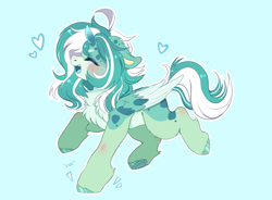 Size: 3400x2500 | Tagged: safe, artist:bizarre_pony, oc, oc only, oc:ditzy, pegasus, pony, blue background, eyes closed, fangs, floppy ears, folded wings, happy, heart, high res, horseshoes, onomatopoeia, open mouth, open smile, pegasus oc, simple background, smiling, solo, trotting, wings