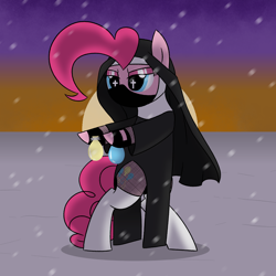Size: 2500x2500 | Tagged: safe, artist:legendoflink, pinkie pie, earth pony, pony, g4, bipedal, clothes, cross, female, fingerless gloves, fishnet stockings, gloves, high res, mare, nun, nun outfit, pinktober, simple background, snow, snowfall, solo, stockings, sunset, thigh highs, water balloon, wingding eyes