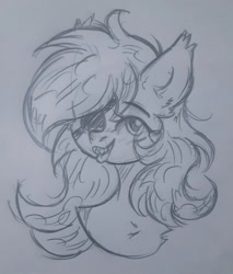 Size: 918x1080 | Tagged: safe, artist:starkey, oc, bat pony, pony, bat pony oc, bust, chest fluff, fangs, female, mare, monochrome, portrait, sketch, smiling, solo, traditional art