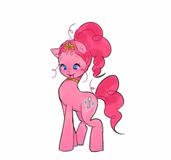 Size: 4096x3837 | Tagged: safe, artist:xxk1ttyl1tterxx, pinkie pie, earth pony, pony, g4, alternate hairstyle, cute, diapinkes, female, jewelry, looking down, mare, open mouth, open smile, ponytail, simple background, smiling, solo, tiara, white background