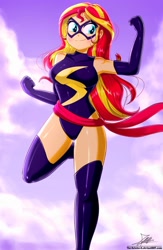 Size: 1020x1560 | Tagged: safe, artist:the-butch-x, sunset shimmer, human, equestria girls, g4, 2020, bare shoulders, breasts, busty sunset shimmer, captain marvel (marvel), clothes, commission, female, leotard, marvel, marvel comics, ms. marvel, old art, sleeveless, solo, superhero, thighs